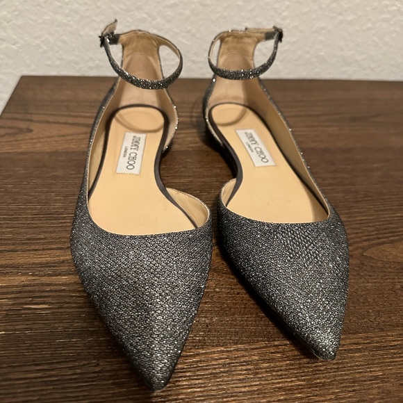 Jimmy Choo Metallic Glitter Ankle Strap Flats - Picture 1 of 3